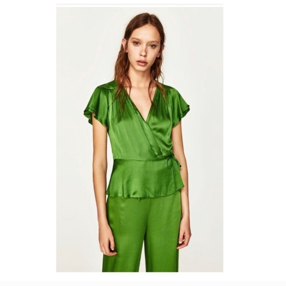 $5 Item! Zara Woman S Green Viscose Wrap Blouse with Draped Sleeves - Picture 1 of 6